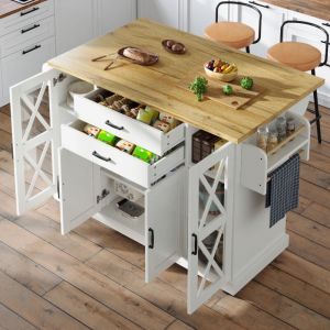Desserte de cuisine &agrave; roulettes, &Icirc;lot de cuisine avec 4 portes (2 vitr&eacute;es) 2 tiroirs, table de bar pliante 40-63.5cm, MDF plateau effet bois, Blanc