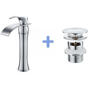 Auralum - Mitigeur Lavabo Cascade Robinet Lavabo/Vasque Haute Bec Moocommand,Chromé+Bonde Lavabo Bonde Pop-up avec Trop-plein Automatique Universelle