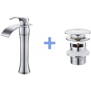 Mitigeur Lavabo Cascade Robinet Lavabo/Vasque Haute Bec Moocommand,Chromé+Bonde Lavabo Bonde Pop-up avec Trop-plein Automatique Universelle - Auralum