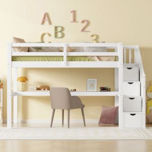 Lit mezzanine enfant 90x200cm - avec 4 meubles de rangement et table, sommier à lattes, lit adulte pour ado, style contemporain - blanc - Blanc