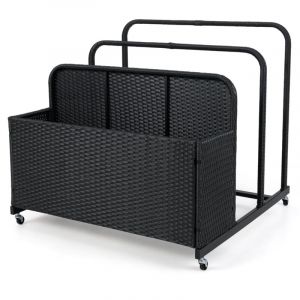 Coffre de Rangement au Bord de la Piscine en Rotin PE, Chariot Roulant d'Ext&eacute;rieur avec Roues, 2 Barres et 1 Panier, pour Coussins, Serviette, Noir
