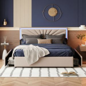 Lit double avec 4 tiroirs 160x200, lit adulte capitonn&eacute; en tissu lin, t&ecirc;te de lit r&eacute;glable avec LED, cadre de lit avec structure m&eacute;tal et bois,