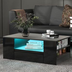 Table basse carrée noire brillante, table de salon avec 2 tiroirs et 2 étagères, 95x53x37 cm