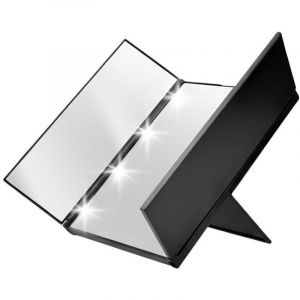 Miroir de maquillage - AVIZAR - Triptyque - &Eacute;clairage LED int&eacute;gr&eacute; - Volets pliables - Noir