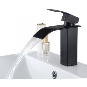 Auralum - Mitigeur Lavabo Cascade Noir Moderne Robinet pour Lavabo et Vasque Salle de Bain Robinetterie Mitigeur Eau et Froide