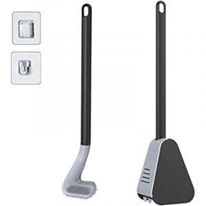 Brosse WC avec support et brosse WC, brosse WC en silicone &agrave; long manche, sans brosse WC pour coins morts, brosse WC &agrave; long manche avec poils