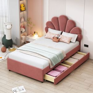Lit enfant rembourré 90 x 200 cm, cadre de lit avec tête de lit fleurie et sommier à lattes, avec 2 compartiments de rangement, lit d'appoint pour