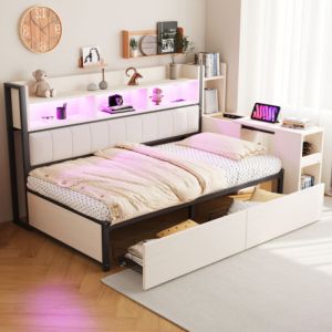 Lit enfant 90x200 cm avec compartiments et casiers de rangement, prises et &eacute;clairage LED, 2 tiroirs et bureau coulissant, sans matelas, blanc
