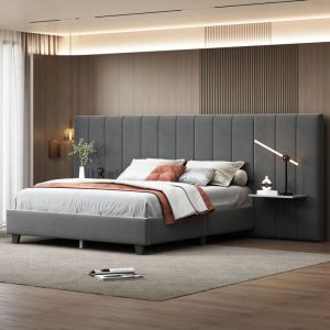 Modfu - Lits doubles pour adultes 160x200cm avec tête de lit et dossier allongés, avec étagère, sans matelas, velours, gris