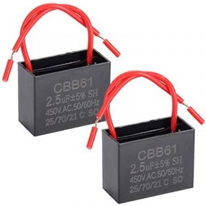 2 pi&egrave;ces condensateur de ventilateur de plafond 2.5 uF 450V AC CBB61 moteur 50/60 Hz, sans polarit&eacute;, 2 fils