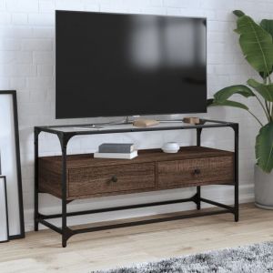 Meuble TV avec dessus en verre-Banc TV-Meuble T&eacute;l&eacute; ch&ecirc;ne marron bois d'ing&eacute;nierie 391373