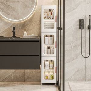 Armoire de Salle de Bain étroite et Haute, Armoire de Salle de Bain, Organisateur latéral avec tiroirs et roulettes en Plastique, Tour de Commode