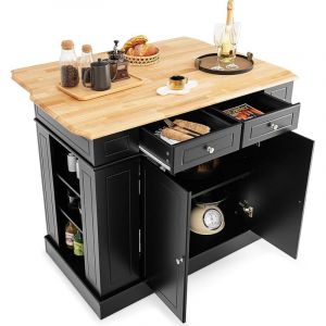 Ilot Central Cuisine Comptoir en Bois d'H&eacute;v&eacute;a Pliable, &Eacute;tag&egrave;res R&eacute;glables &agrave; 3 Niveaux, Desserte de Cuisine de Service avec Tiroirs, Supports Lat&eacute;raux