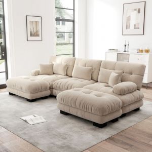 MODFU-Canap&eacute; d'angle 3 places avec 5 coussins, canap&eacute; en U, tissu chenille, rembourrage en mousse, meuble de salon, 313&times;145&times;81cm, beige fonc&eacute;