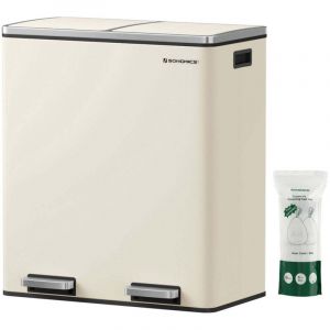 Poubelle 2 p&eacute;dales poubelle avec double compartiment 2 x 30 litres anti-traces de doigts inox seau int&eacute;rieur plastique avec poign&eacute;e blanc