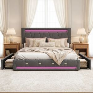 Lit 140x190 avec 4 tiroirs, lit double capitonn&eacute;, &eacute;clairage LED et Chargement USB, sommier &agrave; lattes, scandinave, lin, Gris