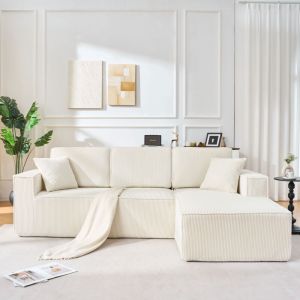 Canap&eacute; d&rsquo;angle modulable en L 235x128 cm 2 places avec m&eacute;ridienne, tissu velours c&ocirc;tel&eacute; , 2 coussins - beige - Droite