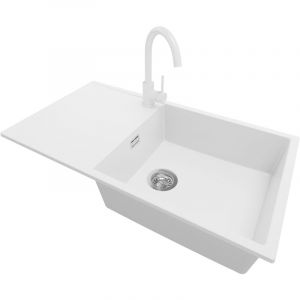 Primagran - Evier Cuisine en Granit 90x50cm, Lavabo 1 bac + Robinet 32x20cm + Kit de Vidage, Évier à Encastrer au meuble 60cm - Ibiza, Blanc