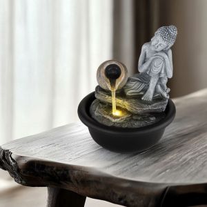 Etc-shop - Fontaine d'int&eacute;rieur Fontaine cascade Bouddha d&eacute;corative lumi&egrave;re led h 19 cm gris