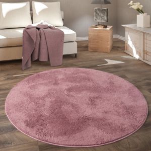 Paco Home Tapis De Salon, Rond Petit Tapis En Fausse Fourrure, Chambre d'Enfants, Peluche Shaggy Tapis De Lit 80 cm rond, Rose Fonc&eacute;