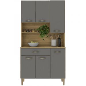 Buffet de Cuisine 6 Portes 1 Tiroir Ch&ecirc;ne et Gris 7 Niches L 90.9 H 173.5 P 36.3 cm