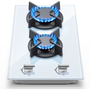 Plaque de Cuisson Gaz 2 Feux, Plaque de Cuisson 30 cm, Conversion Gaz Naturel/Propane, Arr&ecirc;t Automatique, Verre Tremp&eacute; Blanc, 2400 W/1800 W, 220-240 V
