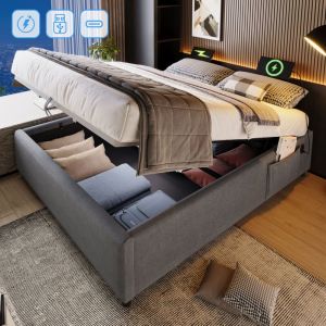 Lit coffre, lit adulte sans tête de lit, lit double, usb, lin, sans matelas, 140x200cm, gris