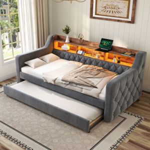 Lit enfant 90x190 cm avec lit gigogne 90x190 cm, &eacute;clairage LED et port USB-C, &eacute;tag&egrave;res de rangement, sommier &agrave; lattes, en m&eacute;tal et bois, gris