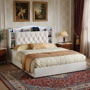 Lit coffre capitonn&eacute; 140x190, 2 places, lit avec espace de rangement, LED, sommier &agrave; lattes en bois, cadre en m&eacute;tal, style classique, lit adulte en