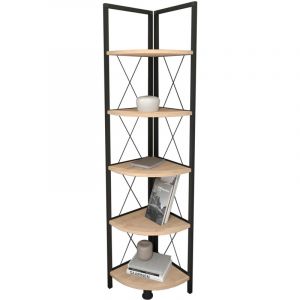 Fijalo - Etagère bibliothèque d'angle en métal. Style industriel. Avec 4 étagères mélaminé chêne Safir. Structure en métal noir. (Hauteur 160