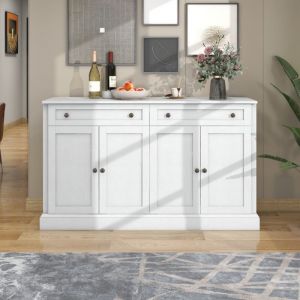 Eifson - Buffet 150x40x86 cm, avec 4 portes, 2 tiroirs, poignées vintage, style scandinave, pour salle à manger et salon - Blanc