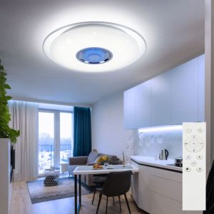 Plafonnier rgb led télécommande musique plafonnier haut-parleur led lumière du jour avec Bluetooth, métal chromé, effet étoile, 1x 24W 1600lm, DxH