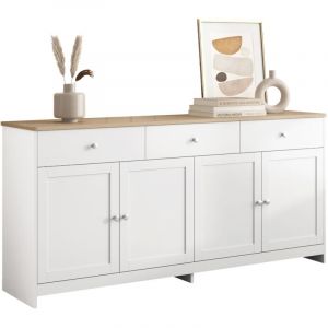 Fairwhale - Buffet Moderne 4 Portes 3 Tiroirs Salon Salle à Manger Plateau Bois Clair Blanc 160x37x75cm - Enfilade Élégante