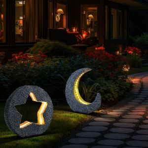 Lampe solaire led lune lampe d'extérieur jardin lampe solaire étoile lampe de jardin, batterie IP44, aspect pierre gris accent doré, lot de 2