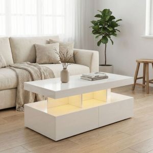 Table basse LED 104x53cm, Table de salon rectangulaire avec 2 tiroirs et rangement, Meuble de salon design laqu&eacute; haute brillance, Blanc