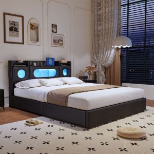 Lit Coffre 140x200cm avec LED et USB,T&ecirc;te de Lits avec Rangement,Lit Deux Places avec Sac de rangement lat&eacute;ral,Lit Double pour Adulte Adolescent, PU