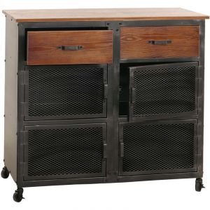 Commode HWC-N28, armoire, roulettes 2 tiroirs, structure 3D industrielle r&eacute;tro m&eacute;tal bois 90x100x40cm - noir, marron