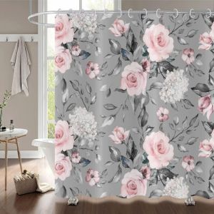 Rideau de Douche Fleurs 180x180, Rose Gris Fleur Rideau de Douche &eacute;l&eacute;gant Vintage Fleur Aquarelle Roses Rideau de Baignoire imperm&eacute;able Polyester
