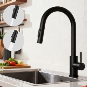 AICA Robinet de Cuisine &agrave; Douche Colonne 2 Modes D&eacute;bit Eau Extractible 360&deg; Rotatif Monocommande Finition Noire Mate