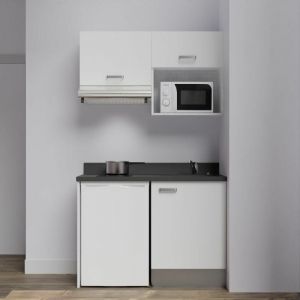 Kitchenette K02L - 120 cm avec plan monobloc, emplacement frigo, hotte et micro-ondes-Blanc-Nero-&eacute;vier &agrave; droite