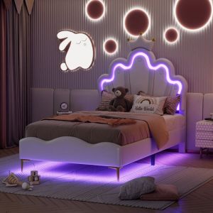Lit enfant 90&times;200cm, T&ecirc;te de lit r&eacute;glable, T&ecirc;te de lit rembourr&eacute;e avec port USB, Cadre de lit avec lumi&egrave;res LED, Blanc, Simili cuir.