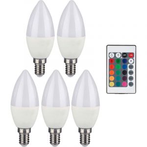 Ampoule RGB LED E14 dimmable avec t&eacute;l&eacute;commande Bougie avec changement de couleur, 4,8 watts 470 lumens blanc chaud, DxH 3,6x11 cm, lot de 4