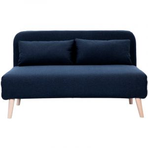 Chauffeuse 2 places convertible en tissu bleu foncé et bois clair AMIKO