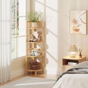 Etagère d'angle 4 niveaux en bambou,Étagère de Rangement pour Salon Salle de Bain Cuisine Balcon Couloir 104 x 30 x 30 cm - Naturel