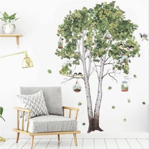 Stickers Muraux Arbre et Oiseaux Autocollant Mural Bouleau Vert Deco Stickers Salon Chambre Enfants B&eacute;b&eacute; D&eacute;coration 72x102cm