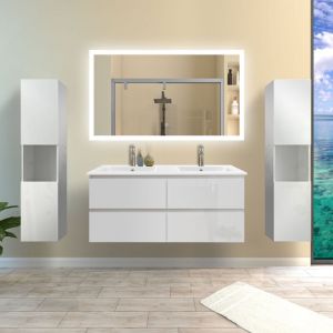 Ensemble de meubles de salle de bain Brillance Blanc 120cm, Vasque C&eacute;ramique + 131.5cm Colonne 2 + Miroir Lumineux avec 3 Couleurs