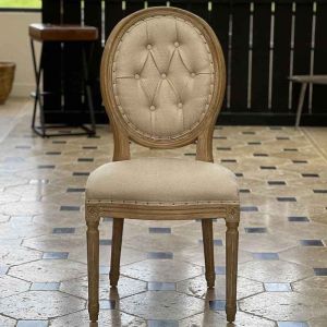 Chaise médaillon capitonnée chêne lin beige 50x97x50cm