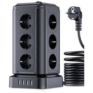 Rallonge multiprise avec surtension (4000W/16A), Tour Multiprise Electrique avec 4 Ports USB et 12 Prises, multiprise avec Interrupteur Individuel,