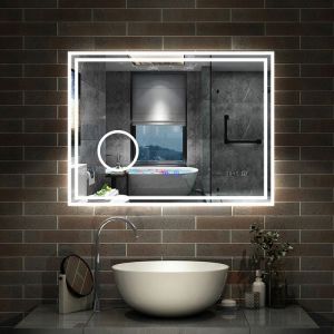 Simple Bluetooth led miroir de salle de bain tricolore tactile avec anti-buée et horloge et miroir grossissant 3x, suspendu horizontalement 120x70cm