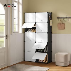 Woltu - Meuble Chaussure pour 40 Paires, Bo&icirc;te &agrave; Chaussures Empilable avec Portes, 10 Compartiments, en Plastique, Blanc+Noir